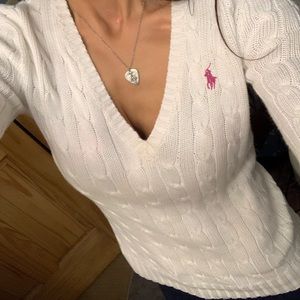 Ralph Lauren Sport White V-Neck Cable Knit Sweater